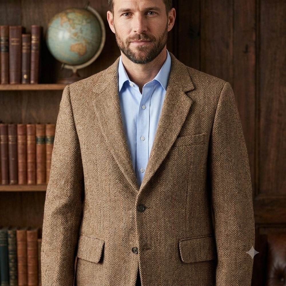 VTG Jos A Bank Harris Tweed Sport Coat Mens 40R Brown  Wool Herringbone Blazer